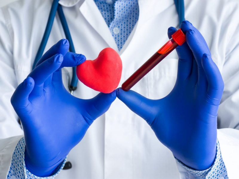 Diagnósticos médicos de laboratório, testes de coração e foto do conceito cardiovascular. Médico ou técnico de laboratório segura em uma mão um tubo de ensaio de laboratório com sangue, na outra mão - figura de coração