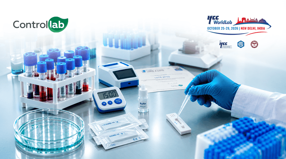 Controllab at WorldLab 2026 in India, highlighting Brazilian experience in Quality Control for Point-of-Care Testing (POCT).